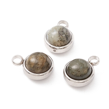 Natural Labradorite Charms, with 304 Stainless Steel Findings, Half Round, Stainless Steel Color, 13.5x10x7.5mm, Hole: 2.5mm