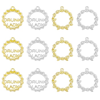 32Pcs 4 Styles Rack Plating Alloy Pendants,  Twist Ring & Bottle Cap with Word Drunk Lady, Platinum & Golden, 22~26.5x20~24x3~3.5mm, Hole: 1.6mm, about 8pcs/style
