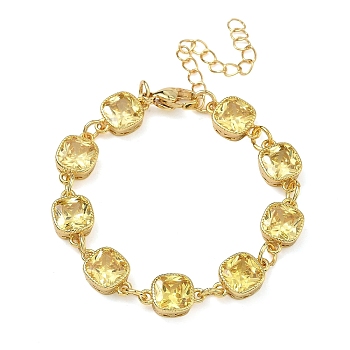 Square Brass Pave Cubic Zirconia Link Chain Bracelets for Women, Rack Plating, Cadmium Free & Lead Free, Long-Lasting Plated, Golden, Champagne Yellow, 5.71 inch(14.5cm)