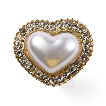 Alloy Shoe Buckle Clips, with Resin Pearl Beads & Glass Rhinestone, Heart, for Shoes Bag Decoration, Golden, 19x22x15.5mm