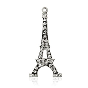 Antique Silver Plated Eiffel Tower Alloy Rhinestone Pendants, Crystal, 49x25x2mm, Hole: 2mm
