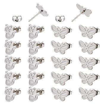 DICOSMETIC 40Pcs 2 Style 304 Stainless Steel Stud Earring Settings for Enamel, with 80Pcs 304 Stainless Steel Ear Nuts, Cat & Butterfly, Stainless Steel Color, 10x8.5mm, Pin: 0.8mm, 20pcs/style