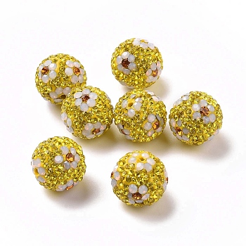 Polymer Clay Rhinestone Beads, Pave Disco Ball Beads, Round with Flower, Citrine, 16mm, Hole: 1.6~1.8mm