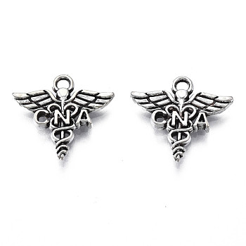 Tibetan Style Alloy CNA Caduceus Medical Symbol Charms, Cadmium Free & Lead Free, Wing with Snake, Antique Silver, 14x15x2mm, Hole: 1.4mm, about 1500pcs/1000g
