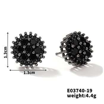 Chic Brass Cubic Zirconia Stud Earrings, Fashionable and Versatile Accessories, Flower, Black, 13x13mm