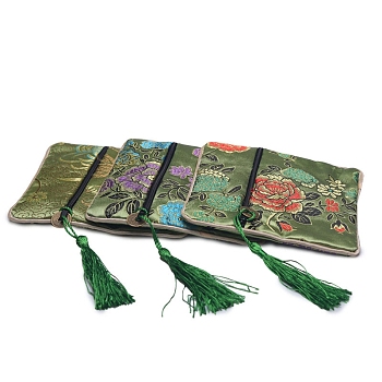 Floral Print Polyester Jewelry Storage Zipper Pouches, with Tassels, Square, Olive Drab, 12x12cm