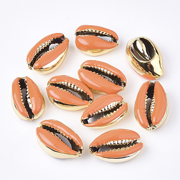 Electroplated Cowrie Shell Beads, with Enamel, No Hole/Undrilled, Golden, Dark Orange, 18~20x12~14x6~7.5mm