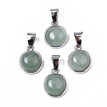 Natural Green Aventurine Pendants, with Platinum Tone Brass Settings and Platinum Tone Iron Snap on Bails, Half Round/Dome, 15.5x12x6mm, Hole: 5x7mm