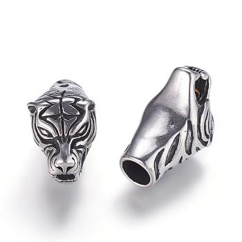 304 Stainless Steel Cord Ends, End Caps, Leopard Head, Antique Silver, 18x32x15.5mm, Inner Diameter: 7.5mm