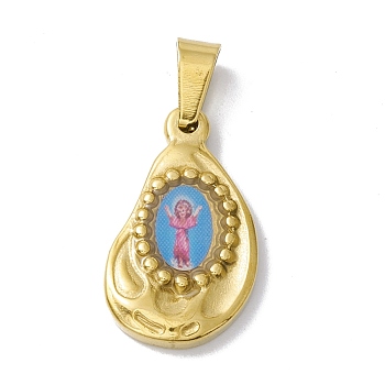 Vacuum Plating 304 Stainless Steel Pendants, with Enamel, Religion, Golden, Teardrop with Human, Deep Sky Blue, 22x13x2.5mm, Hole: 6.5x3mm