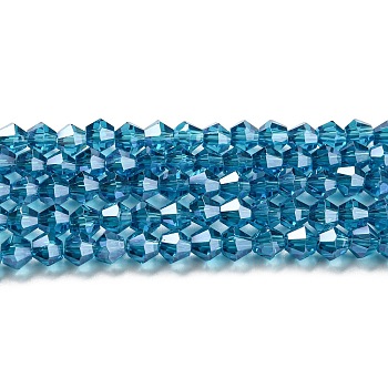 Transparent Electroplate Glass Beads Strands, Pearl Luster Plated, Faceted, Bicone, Steel Blue, 3.5~3.8x3mm, Hole: 0.8mm, about 113~115pcs/strand, 14.17~14.37 inch(36~36.5cm)