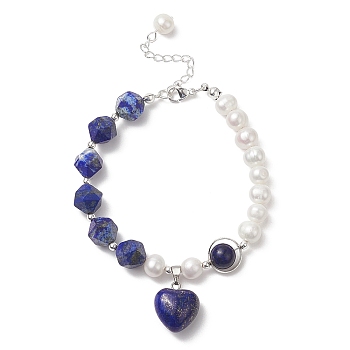 Natural Lapis Lazuli Heart Charm Bracelet with Natural Pearl Beaded Chains for Women, 7-5/8 inch(19.4~19.5cm)