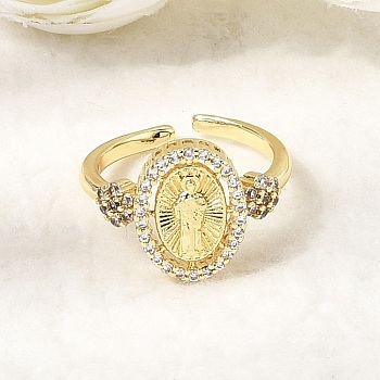 Brass Micro Pave Clear Cubic Zirconia Cuff Open Rings, Oval with Virgin Mary, Cadmium Free & Lead Free, Long-Lasting Plated, Rack Plating, Real 18K Gold Plated, 17mm