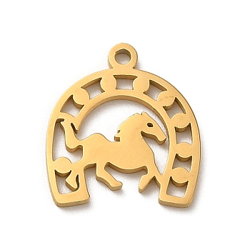 304 Stainless Steel Charms, Laser Cut, Horseshoe with Horse Charm, Real 18K Gold Plated, 13.5x12x1mm, Hole: 1.2mm