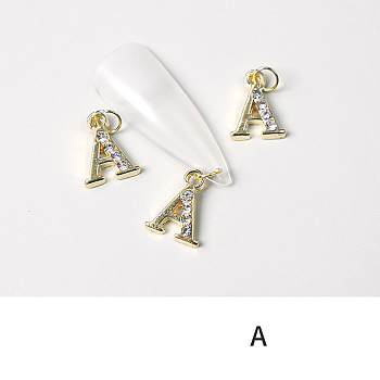 Alloy Rhinestone Cabochons, Nail Art Decoration Accessories, with Jump Ring, Letter, Golden, Letter.A, 11~14x5~12mm