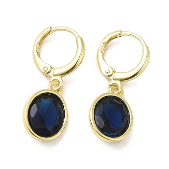 Real 18K Gold Plated Brass Dangle Leverback Earrings, with Oval Glass, Dark Blue, 27x10mm