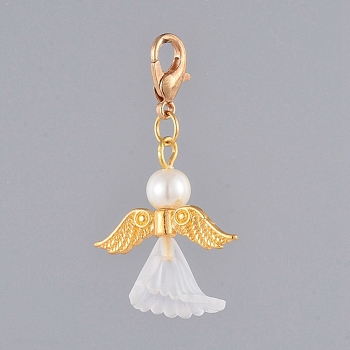 Guardian Angel Pendant Decorations, with Acrylic, Glass Pearl Beads, Light Gold Plated Zinc Alloy Lobster Claw Clasps and Alloy Beads, White, 39mm