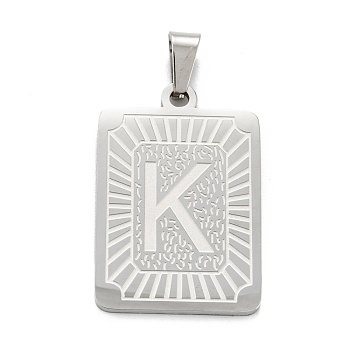 304 Stainless Steel Pendants, Rectangle with Alphabet, Letter.K, 30x20x1.5mm, Hole: 3x6mm