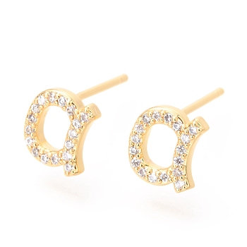 Brass Micro Pave Clear Cubic Zirconia Stud Earrings, Greek Alphabet, Real 18k Gold Plated, Letter.A, 8x7.5x2mm, Pin: 0.8mm