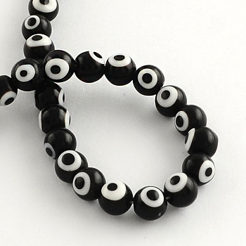 Round Handmade Evil Eye Lampwork Beads, Black, 6mm, Hole: 1mm, about 64pcs/strand, 14.1 inch