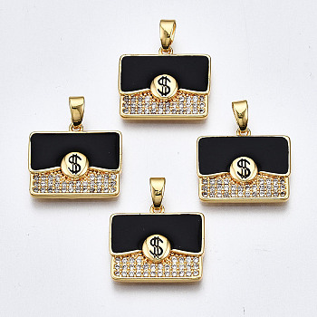 Brass Micro Pave Clear Cubic Zirconia Pendants, with Enamel, Nickel Free, Lady Bags with Dollar Sign, Real 18K Gold Plated, Black, 14.5x17x2.5mm, Hole: 2.5x4.5mm
