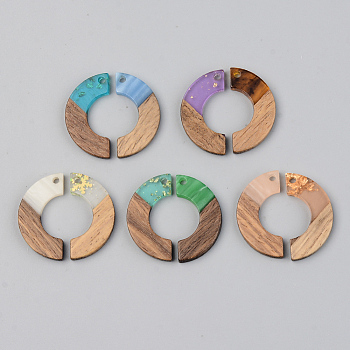 Resin & Walnut Wood Pendants, Arc, Mixed Color, 28x14x3mm, Hole: 2mm