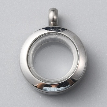 304 Stainless Steel Locket Pendants, with Glass, DIY Accessories for Jewelry Pendant Making, Flat Round Charm, Stainless Steel Color, 19.5x15x6mm, Hole: 3mm