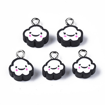 Handmade Polymer Clay Charms, with Platinum Plated Iron Loop, Cloud with Smile, Black, 11~14x9~11.5x4mm, Hole: 1.8mm