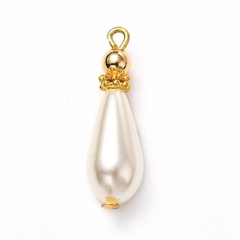 Glass Pearl Pendants, Painted, with Brass Findings, Golden, Teardrop, White, 25x7.5mm, Hole: 1.5mm