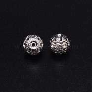 Alloy Rhinestone Beads, Hollow, Crystal, Round, Platinum, 10x9mm, Hole: 1.2mm, 100pcs/bag(CW-TAC0001-15B-01P)