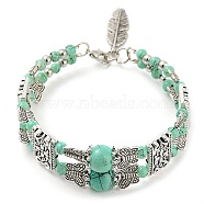 Synthetic Turquoise Beaded Double Layer Multi-strand Bracelet, Zinc Alloy Butterfly Beaded Bracelet with Feather Charms, Dark Turquoise, Inner Diameter: 2-3/8 inch(6cm)(KL0970)