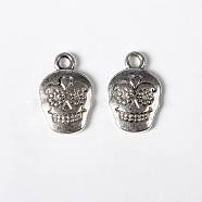 Mexico Holiday Day of the Dead Sugar Skull Tibetan Style Alloy Metal Pendants, For Mexico Holiday Day of the Dead, Lead Free & Cadmium Free, Antique Silver, 18x12x3mm, Hole: 2mm(TIBEP-21061-AS-LF)