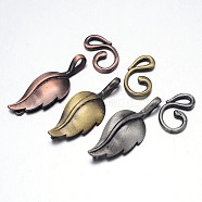 Brass Hook Clasps, For Leather Cord Bracelets Making, Leaf, Mixed Color, Leaf: 33x13x3mm, Hook: 17x10x2mm, Hole: 1mm and 3x3mm(KK-L116-02)
