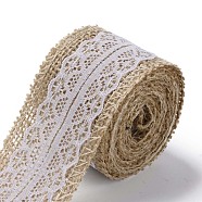 Burlap Ribbon, Hessian Ribbon, Jute Ribbon, with Lace, for Jewelry Making, White, 1-1/2 inch(38mm), about 2m/roll(X-OCOR-S126-04)