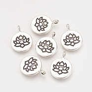 Tibetan Style Alloy Pendants, Flat Round with Lotus, Cadmium Free & Lead Free, Antique Silver, 20x15x2mm, Hole: 2mm, about 510pcs/1000g(TIBE-Q075-45AS-LF)