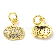 Rack Plating Brass Micro Pave Clear Cubic Zirconia Charms, with Jump Ring, Pumpkin Charm, Real 18K Gold Plated, 11x10x2mm, Hole: 3.2mm(KK-D036-20G)