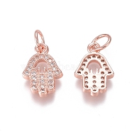 Brass Micro Pave Clear Cubic Zirconia Charms, with Jump Rings, Hamsa Hand/Hand of Fatima /Hand of Miriam, Rose Gold, 13x9x2mm, Jump Ring: 5x0.7mm, Inner Diameter: 3.6mm(ZIRC-I036-08RG)