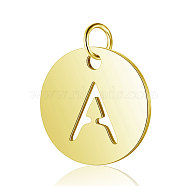 304 Stainless Steel Charms, Flat Round with Letter, Golden, Letter.A, 12x1mm, Hole: 2.5mm(STAS-S105-T514G-A)