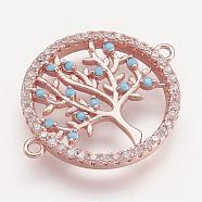 Brass Micro Pave Cubic Zirconia Links, Flat Round with Tree of Life, Rose Gold, 24x19x2mm, Hole: 1mm(ZIRC-F048-58RG)
