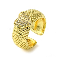 Brass Micro Pave Cubic Zirconia Open Cuff Ring, Heart, Real 16K Gold Plated, US Size 7 1/2(17.5mm)(RJEW-K256-15G)