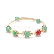 Natural Green Aventurine & Resin Round Beaded Cuff Bangle, Copper Wire Wrapped Jewelry for Women, Light Gold, Inner Diameter: 2-1/8 inch(5.4cm)(BJEW-JB08662)