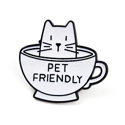 Cat with Cup Enamel Pin, Word Pet Friendly Alloy Badge for Backpack Clothes, Electrophoresis Black, White, 26.5x29.5x2mm(JEWB-G014-A04-B)