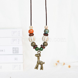 Alloy Pendant Waxed Cord Necklaces, Porcelain & Wood Beaded Necklaces for Women, Antique Bronze, Deer, 19.69 inch(50cm)(FS-WGBC2DA-10)