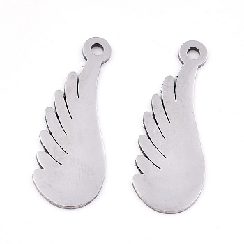 201 Stainless Steel Pendants, Laser Cut, Wing, Stainless Steel Color, 26x9.5x0.9mm, Hole: 1.6mm