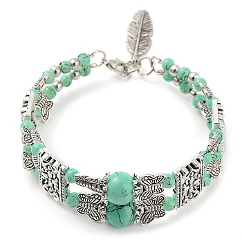 Synthetic Turquoise Beaded Double Layer Multi-strand Bracelet, Zinc Alloy Butterfly Beaded Bracelet with Feather Charms, Dark Turquoise, Inner Diameter: 2-3/8 inch(6cm)