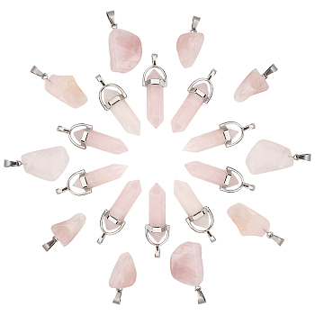 SUNNYCLUE 20Pcs 2 Style Natural Rose Quartz Pendants with Stainless Steel Color Alloy Findings, Nuggets & Bullet, 10pcs/style