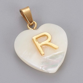 Shell Pendants, with 304 Stainless Steel Findings, Heart with Letter, Golden, Letter.R, 23.5x20x7mm, Hole: 3.5x7mm