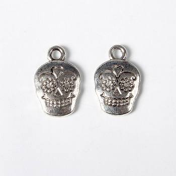 Mexico Holiday Day of the Dead Sugar Skull Tibetan Style Alloy Metal Pendants, For Mexico Holiday Day of the Dead, Lead Free & Cadmium Free, Antique Silver, 18x12x3mm, Hole: 2mm