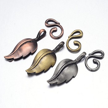 Brass Hook Clasps, For Leather Cord Bracelets Making, Leaf, Mixed Color, Leaf: 33x13x3mm, Hook: 17x10x2mm, Hole: 1mm and 3x3mm