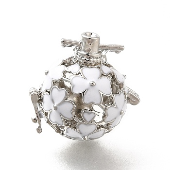 Alloy Enamel Bead Cage Pendants, Hollow Clover Charm, for Chime Ball Pendant Necklaces Making, Platinum, White, 34mm, Hole: 6x3mm, Bead Cage: 26x25x21mm, 18mm Inner Size.